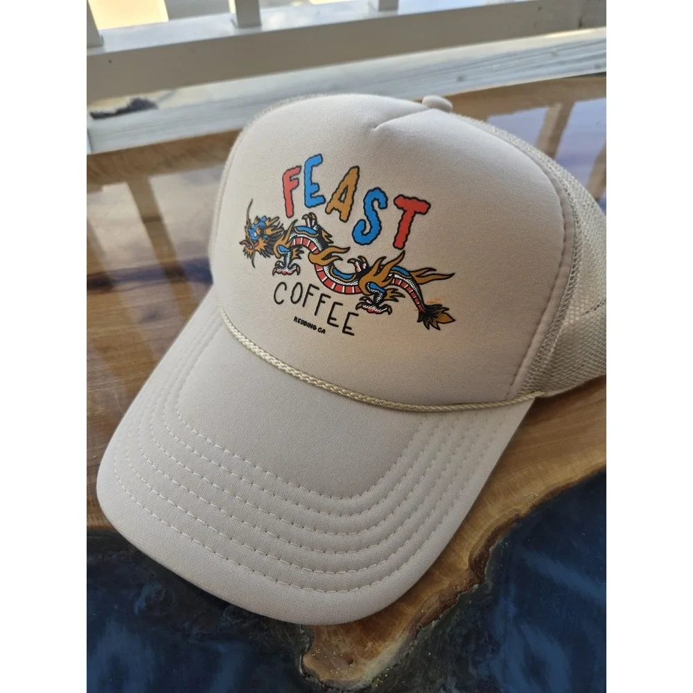 Feast Coffee Redding CA Dragon Trucker Hat Beige Mesh Snapback OTTO Cap